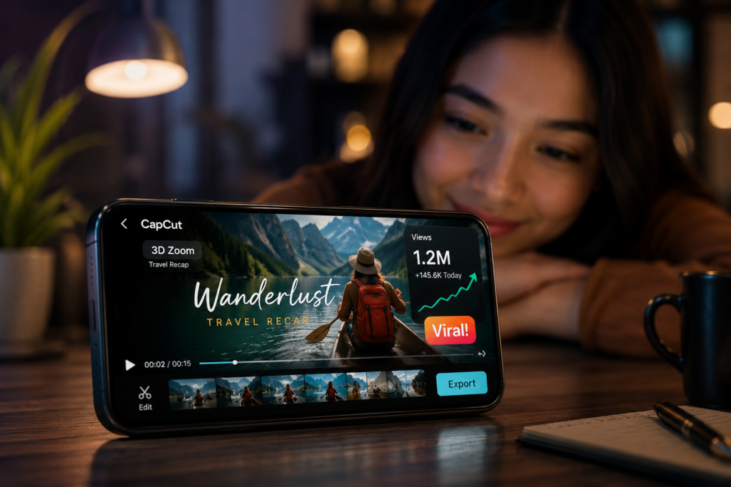 A finalized personalized video created from a CapCut template is shown playing on a smartphone screen, displaying signs of viral engagement and high views.