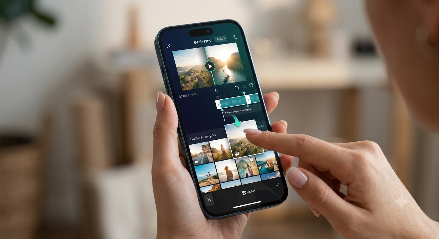 A hands-on view of a user selecting photos and editing clips using a trending CapCut video template on a modern smartphone screen.